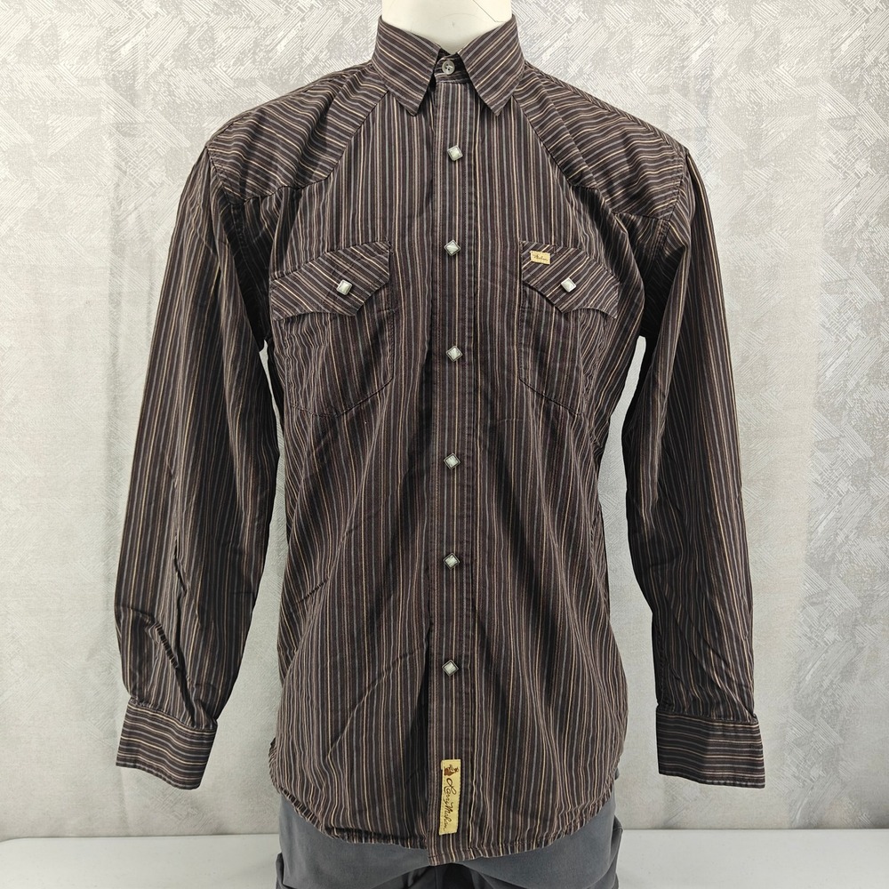 Larry Mahan Mens Cowboy Collection Western Shirt Brown Striped Pearl Snap Size L